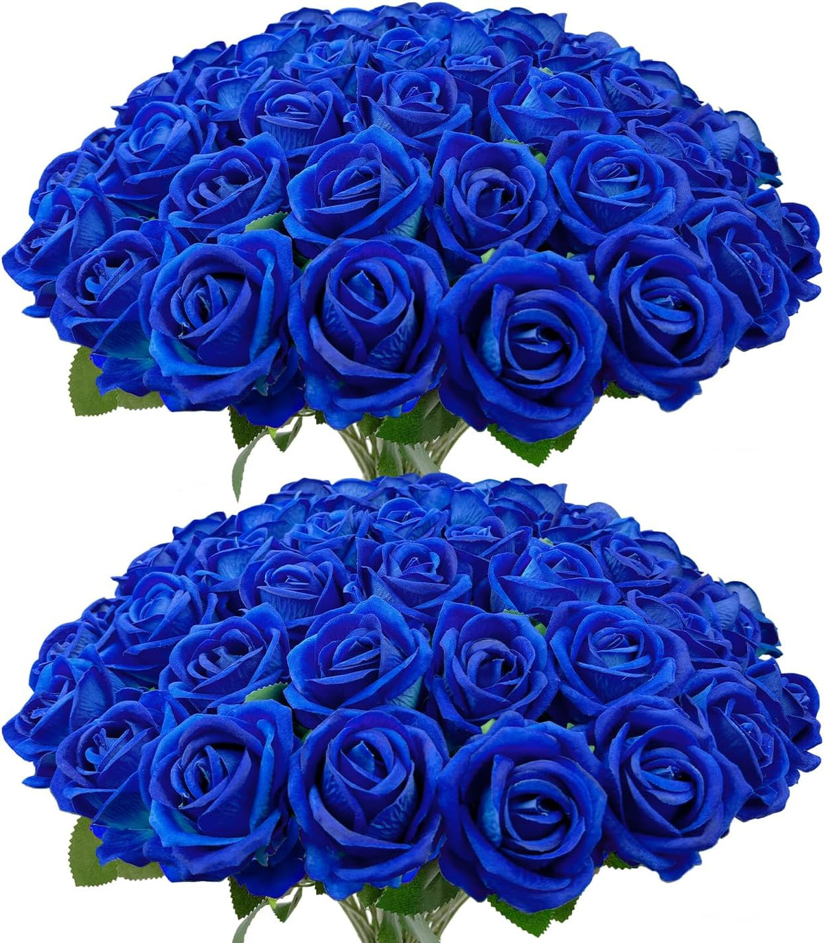 50 PCS Bulk Royal Blue Artificial Flowers, Fake Velvet Blue Roses W/ Stems