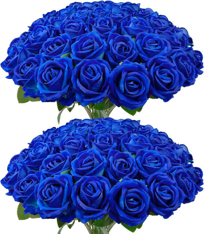 50 PCS Bulk Royal Blue Artificial Flowers, Fake Velvet Blue Roses W/ Stems