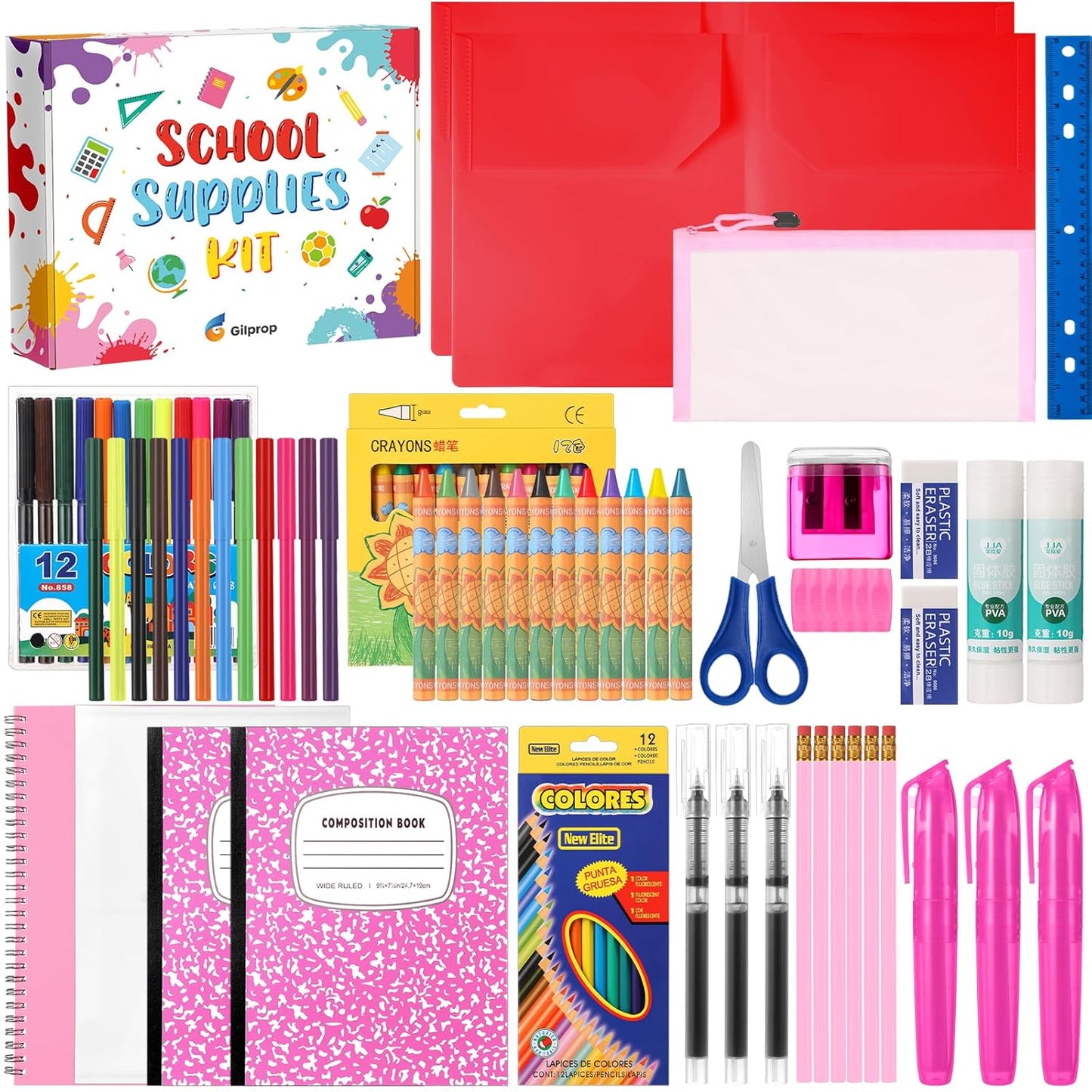 Back to School Supplies Essentials (39 PCS) Bundle Include Pencils Scissors Ruler Eraser Crayon Sharpener Notebook Pencil Case Folder Notebook(Pink)