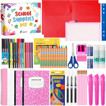 Back to School Supplies Essentials (39 PCS) Bundle Include Pencils Scissors Ruler Eraser Crayon Sharpener Notebook Pencil Case Folder Notebook(Pink)