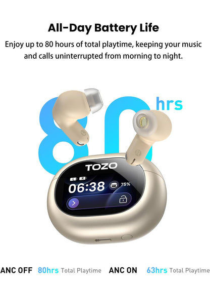 NC20 Pro Active Noise Cancelling Wireless Earbuds with Smart Touch Screen, LDAC Hi-Res Audio, Stereo Bass, 6 Mics AI Call Ear Buds, 80H Playtime, IPX8 Waterproof (Champagne)