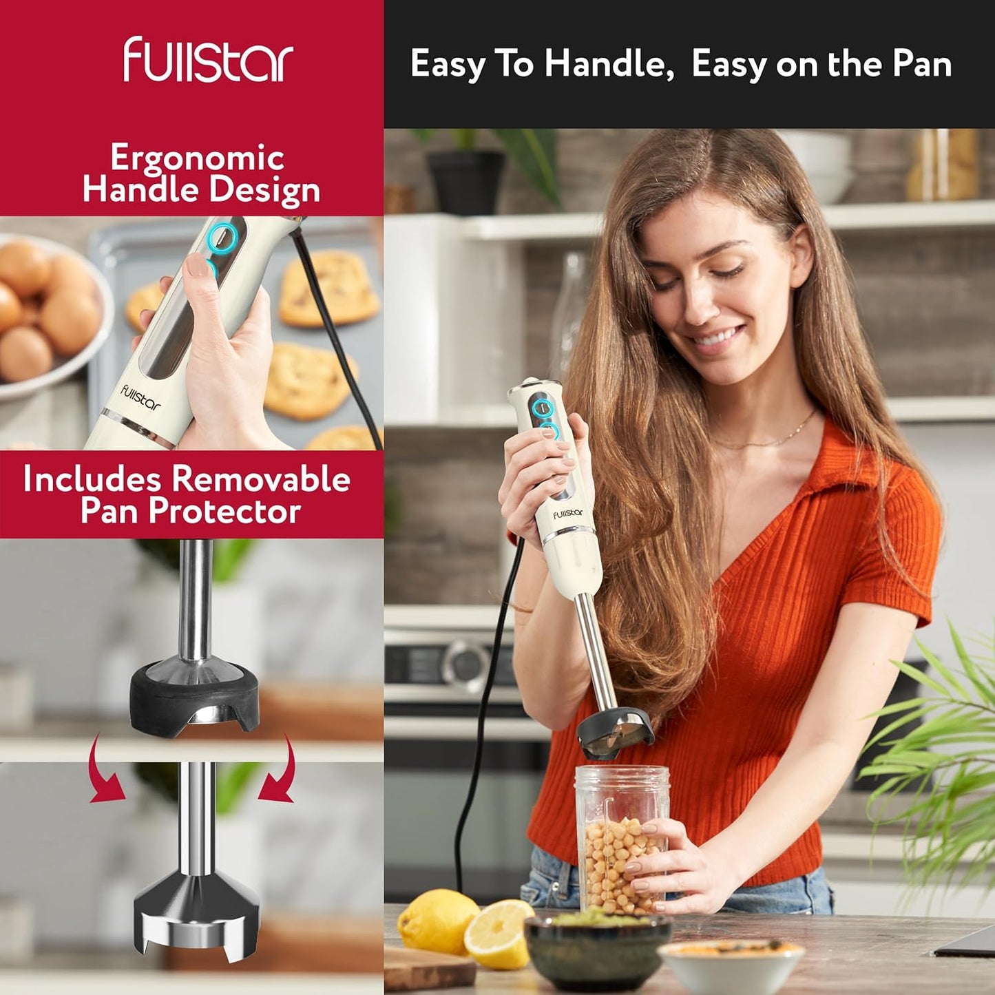 Fullstar Immersion Blender-stel, 9-spoed 500W Handgehoue Elektriese Handmenger, Smoothiemenger (3-in-1, Wit)