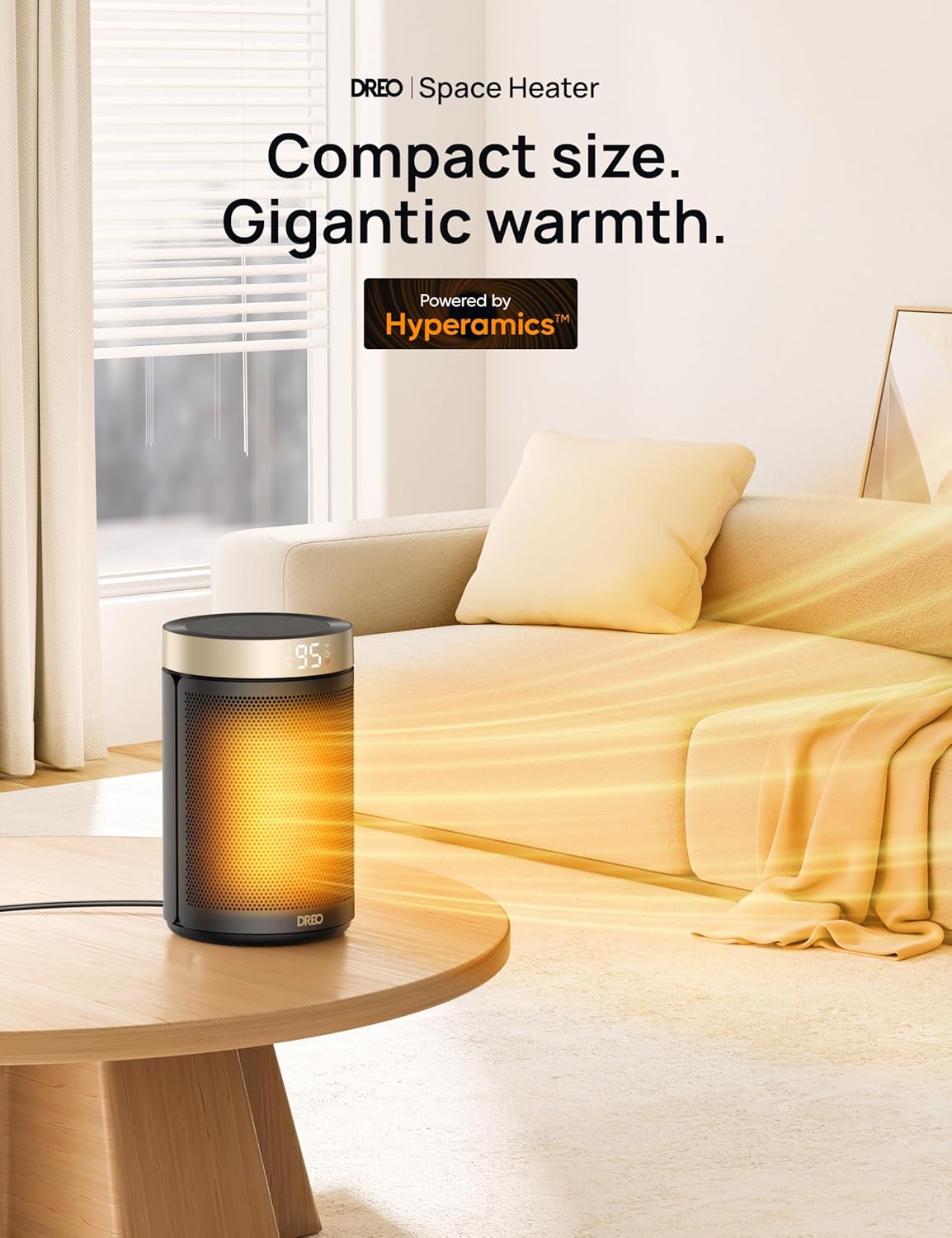 Draagbare Elektriese Ruimteverwarmers vir Binnegebruik met Termostaat en Afstandbeheer Digitale Skerm, 12H Aanskakeltydhouer, 5 Modusse, 1500W PTC Keramiek - GOUD