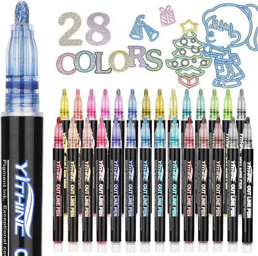 Omlynerglansmerkers, 28 Glinter-metaalgelpenne vir inkleur, modieuse goed, oulike, prettige kuns handwerk skool