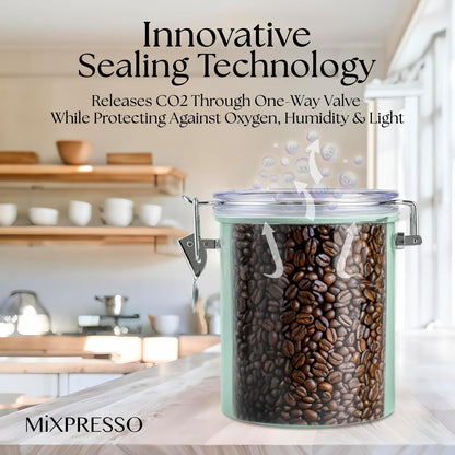 Mixpresso Groen Koffiekan, 16oz Lugdigte Vlekvrye Staal Kombuiskosbergingshouer met Deursigtige Deksel en Lepel. vir Gemaalde Koffie, Bone, Tee, Meel, Graankosse, Vakuumverseëlde Suikerhouer