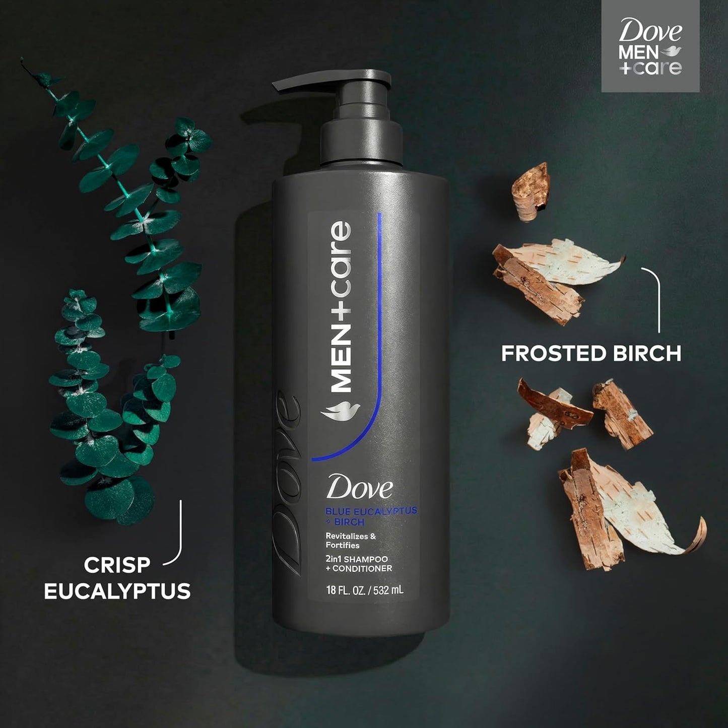 DOVE MEN + CARE Shampoo Eucalyptus & Birch for Real Hair that Powers Up Hair Strength, w/ Revitalizes & Fortifies, 18 fl oz (2 CT)