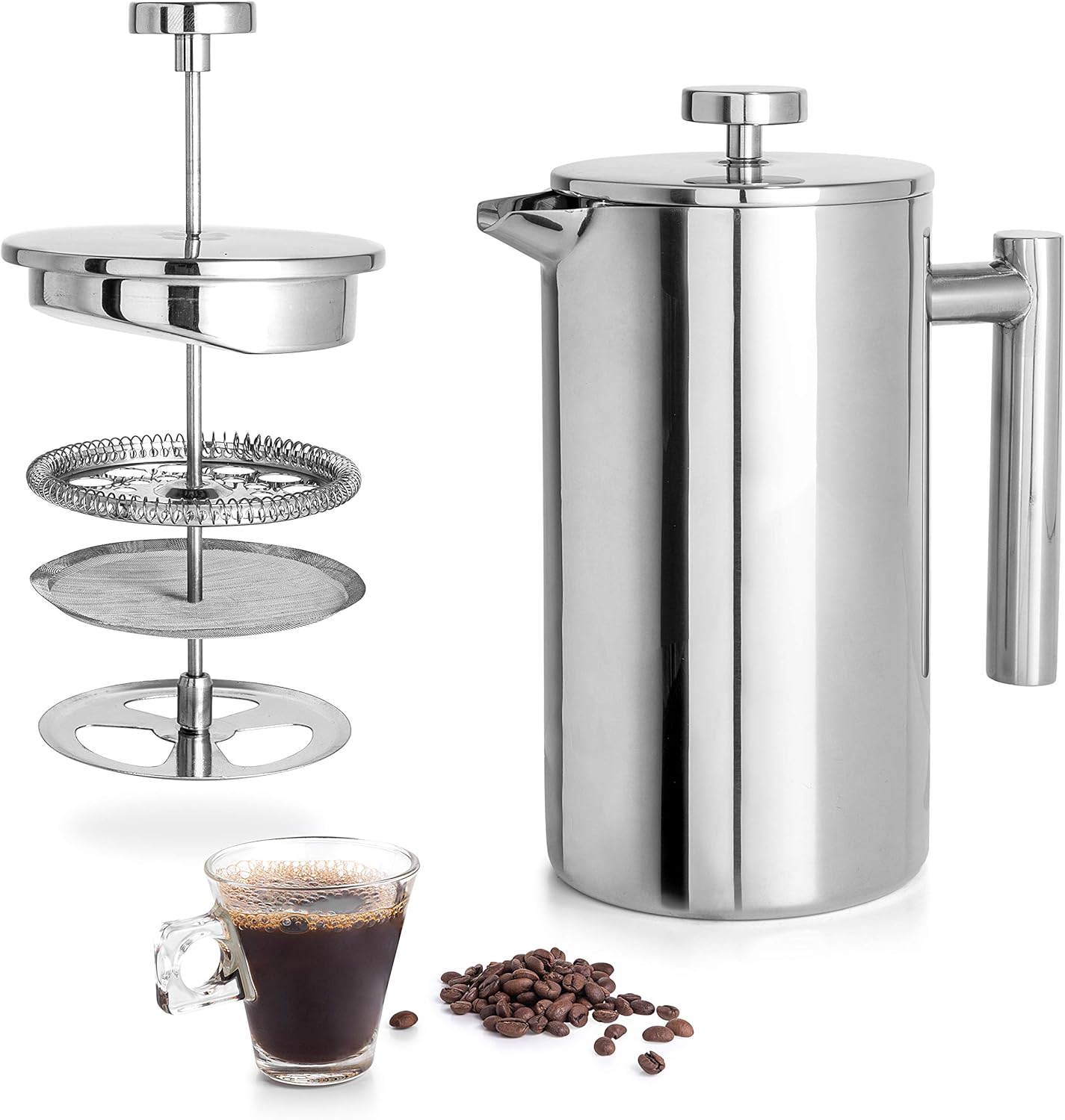 Mixpresso Vlekvrye Staal Franse Pers Koffiemaker 27 Oz 800 ml, Dubbelwand Geïsoleerde Franse Pers Vlekvrye Staal, Maklik Skoon Teebrouer, Maklike Druk Duursame Metaal Koffiepers