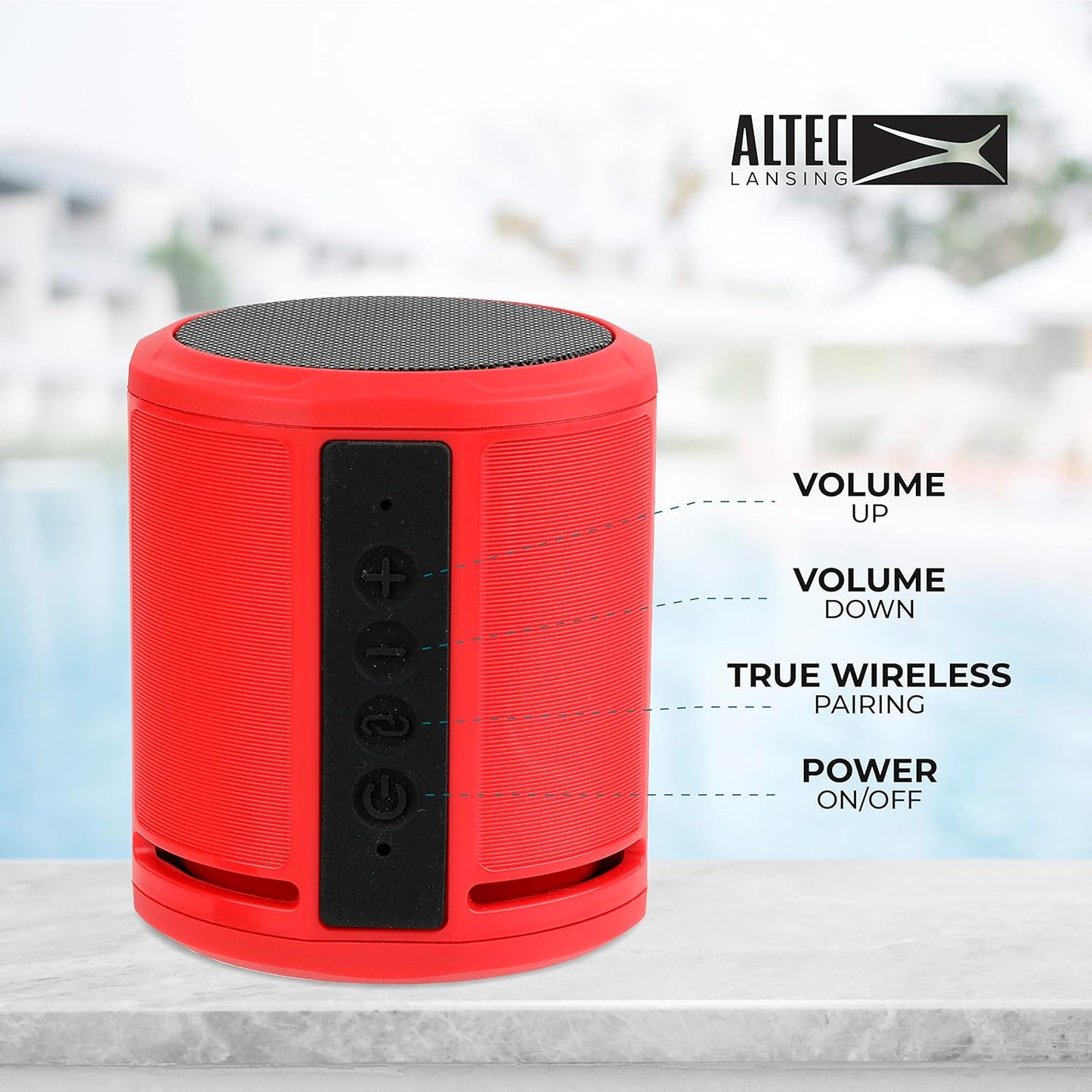 Altec Lansing HydraOrbit - Waterdigte Bluetooth-luidspreker, Liggewig en Draagbare Luidspreker vir Reis en Buiteluggebruik, Rooi
