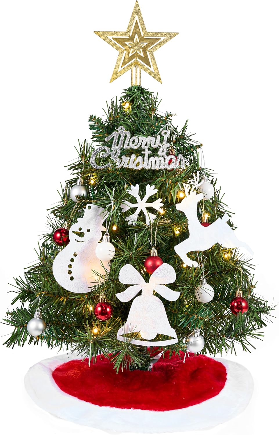 24"/2FT Small Christmas Tree w/ Lights Star Tree Top and Ornaments - Battery Operated Pre-lit