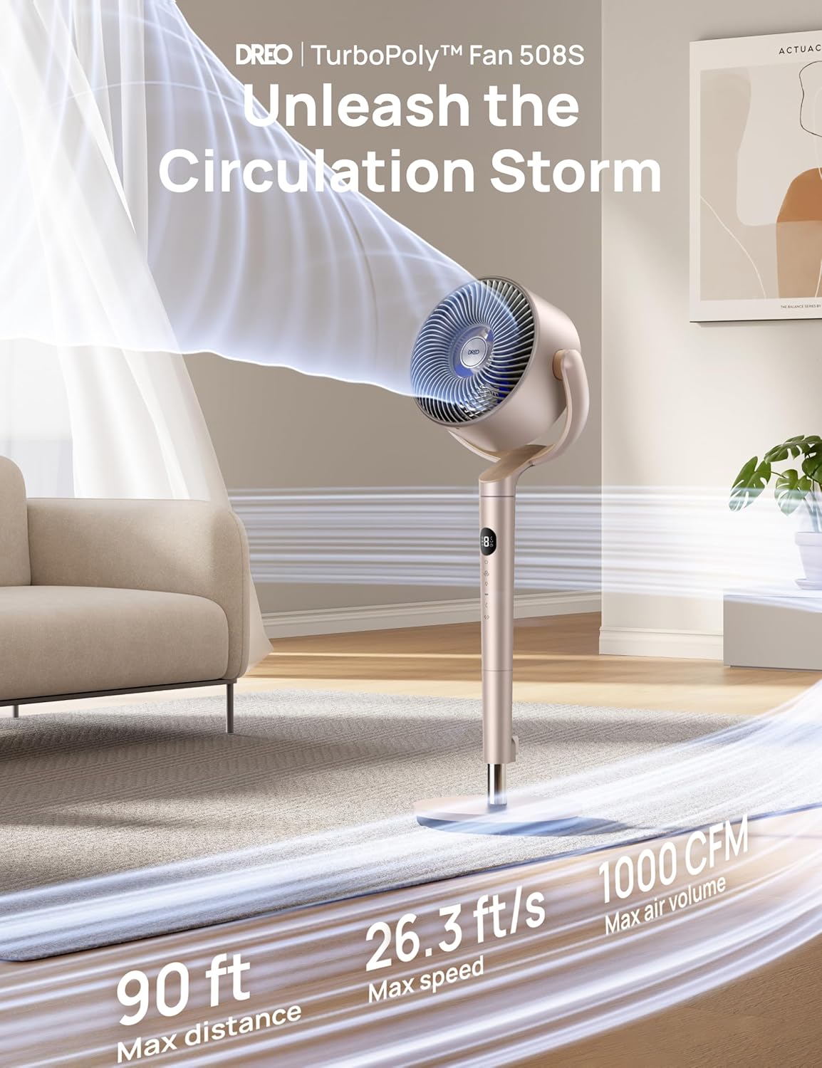 Slim Ossillerende Waaier 120° Omnidireksioneel, 90vt Stil Staander met RGB-lig, 9 Spoed, 6 Modusse 8H Tydhouer, Wi-Fi/Stem, 37-42" - Starlight