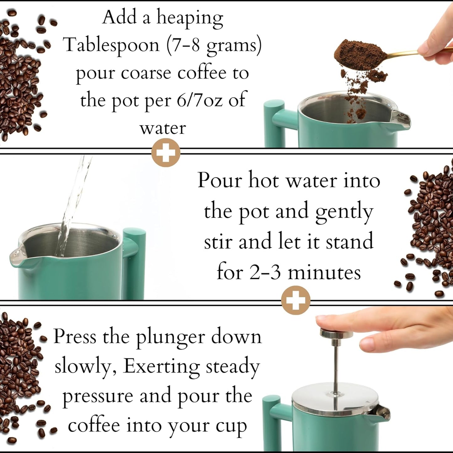 Mixpresso Groen Vlekvrye Staal Franse Pers Koffiemaker 770 ml, Dubbelwand Geïsoleerde Franse Pers Vlekvrye Staal, Maklik Skoon Teebrouer, Maklike Druk Duursame Metaal Koffiepers
