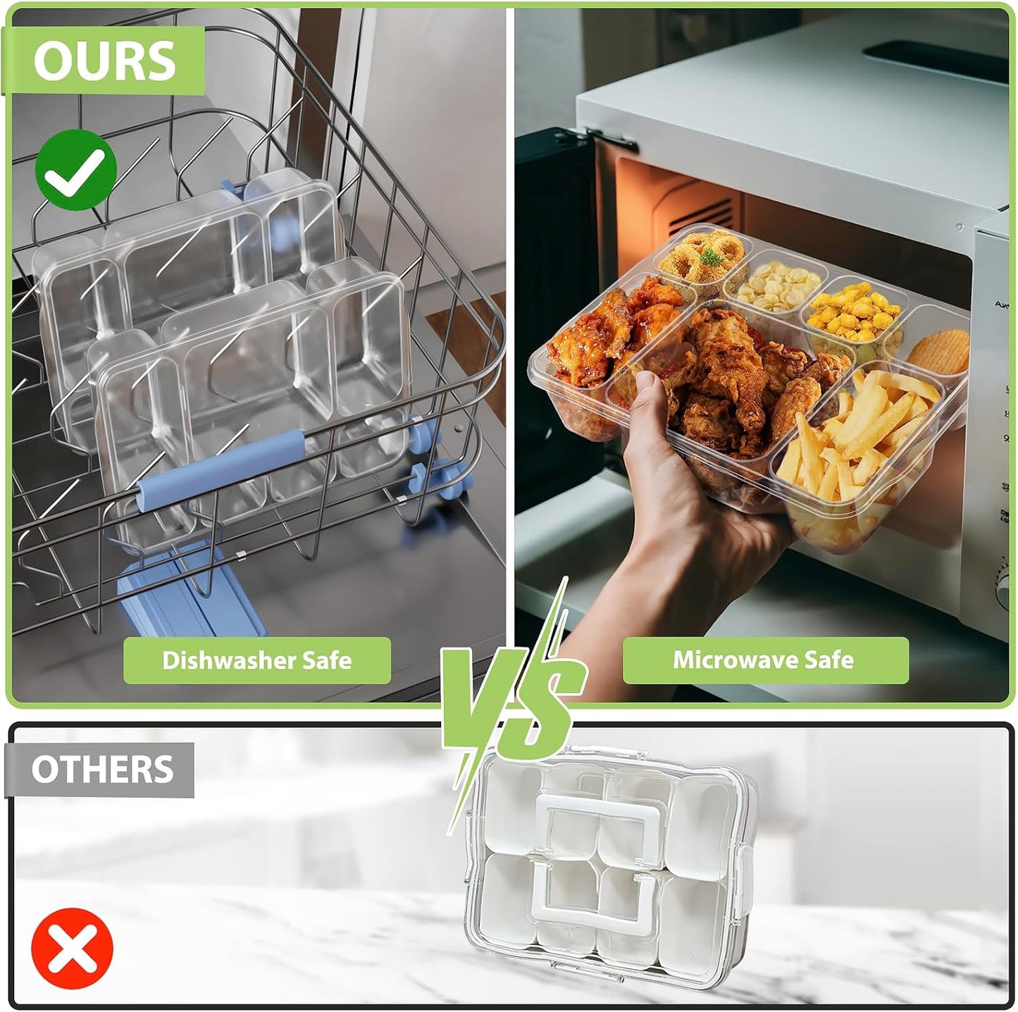 Freshmage Snackle Box Houer - 2 Pak, 7 Kompartement Verdeelde Opdienbak met Deksel, Draagbare Deursigtige Happieboks Houers vir Lekkers, Vrugte, Neute en Peuselhappies – Ideaal vir Reis, Partytjies, Pieknieks