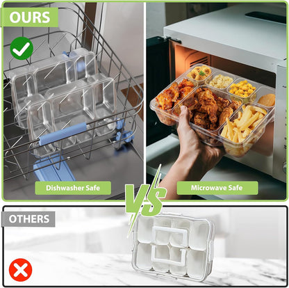 Freshmage Snackle Box Houer - 2 Pak, 7 Kompartement Verdeelde Opdienbak met Deksel, Draagbare Deursigtige Happieboks Houers vir Lekkers, Vrugte, Neute en Peuselhappies – Ideaal vir Reis, Partytjies, Pieknieks