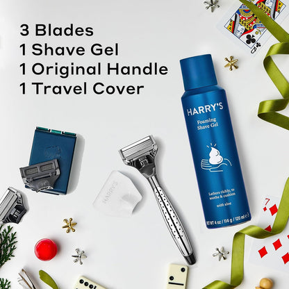 Shaving Kit for Men - 1 Razor Handle 3 Original Razor Blade Refills, 4 oz Foaming Shave Gel & Travel Blade Cover - (Obsidian Chrome)