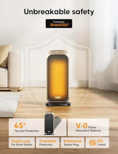 1500W Draagbare Elektriese Verwarmer met Afstandbeheer en Termostaat, PTC Keramiek, Veiligheidsverwarmer met 70° Ossillasie, Stil, 12H Aanskakeltydhouer - Goud