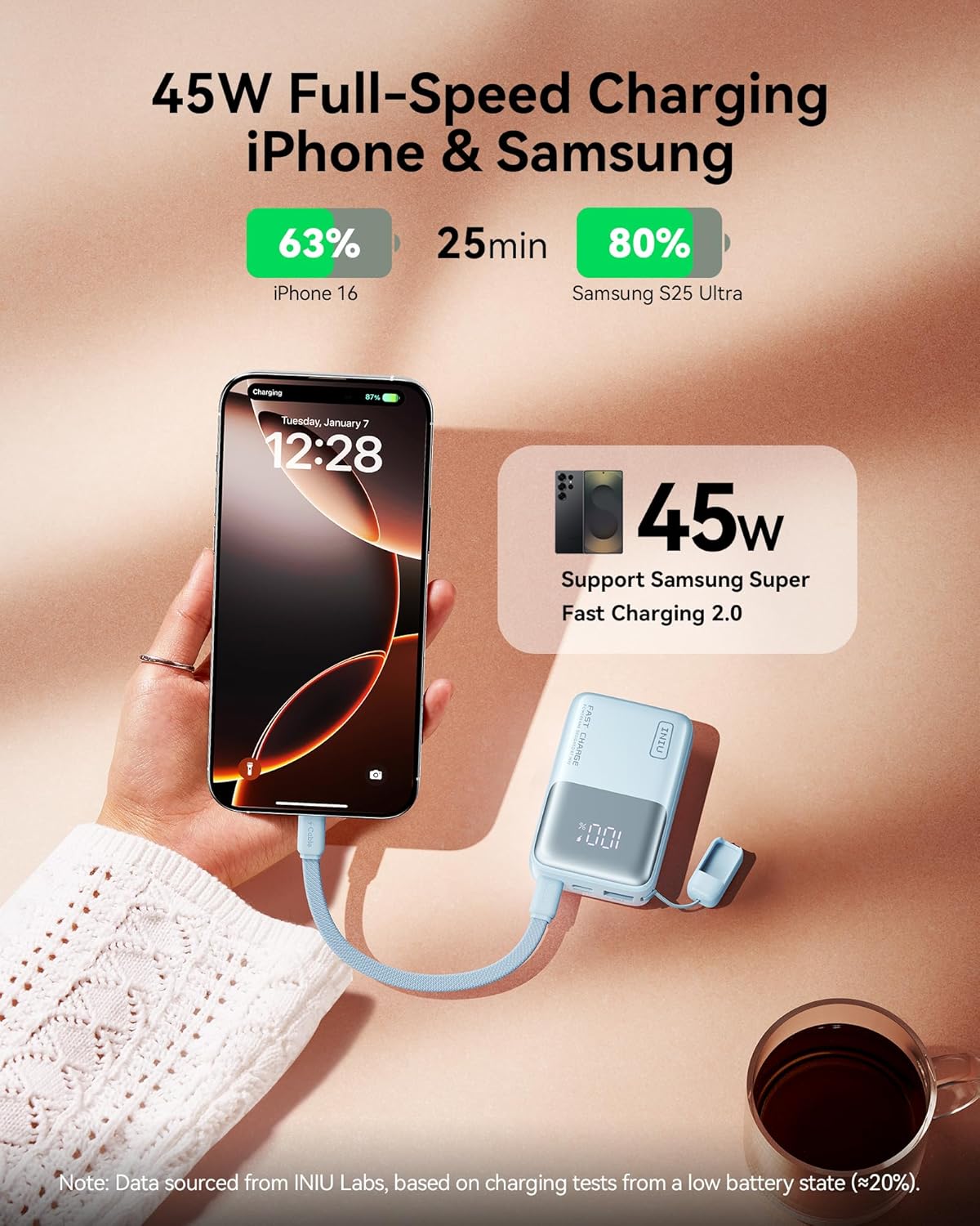 INIU 10000mAh 45W Ultra Mini Portable Charger Power Bank with Cable - (Light Blue)