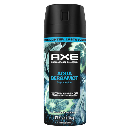 AXE Fine Fragrance Collection Body Spray Aqua Bergamot 72 Hour Freshness Aluminum Free - 2.9 oz (Pack of 3