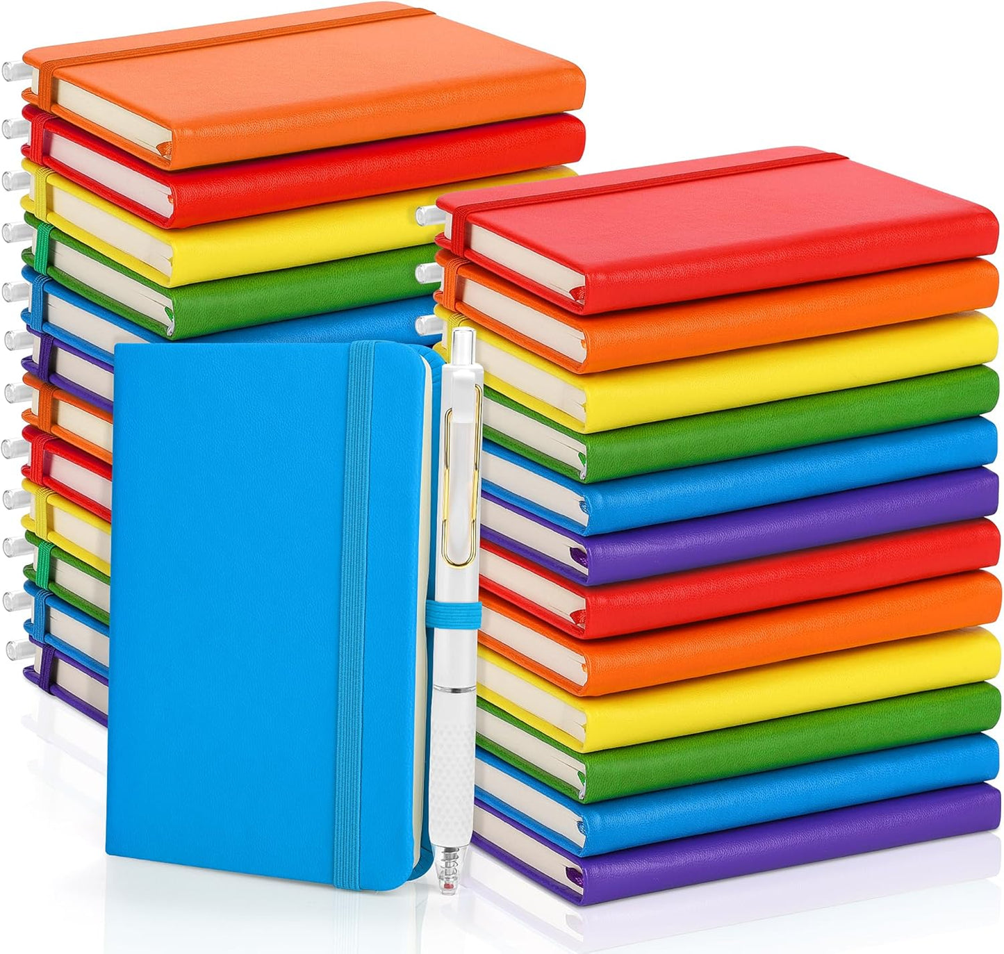 50 Sets Pocket Notebook Journals with Pens, A6 Mini Hardcover PU Leather Lined Notebooks 3.5 x 5.5 Inch College Ruled Notepad With Pen Holder for Office School Supplies, Rainbow Color