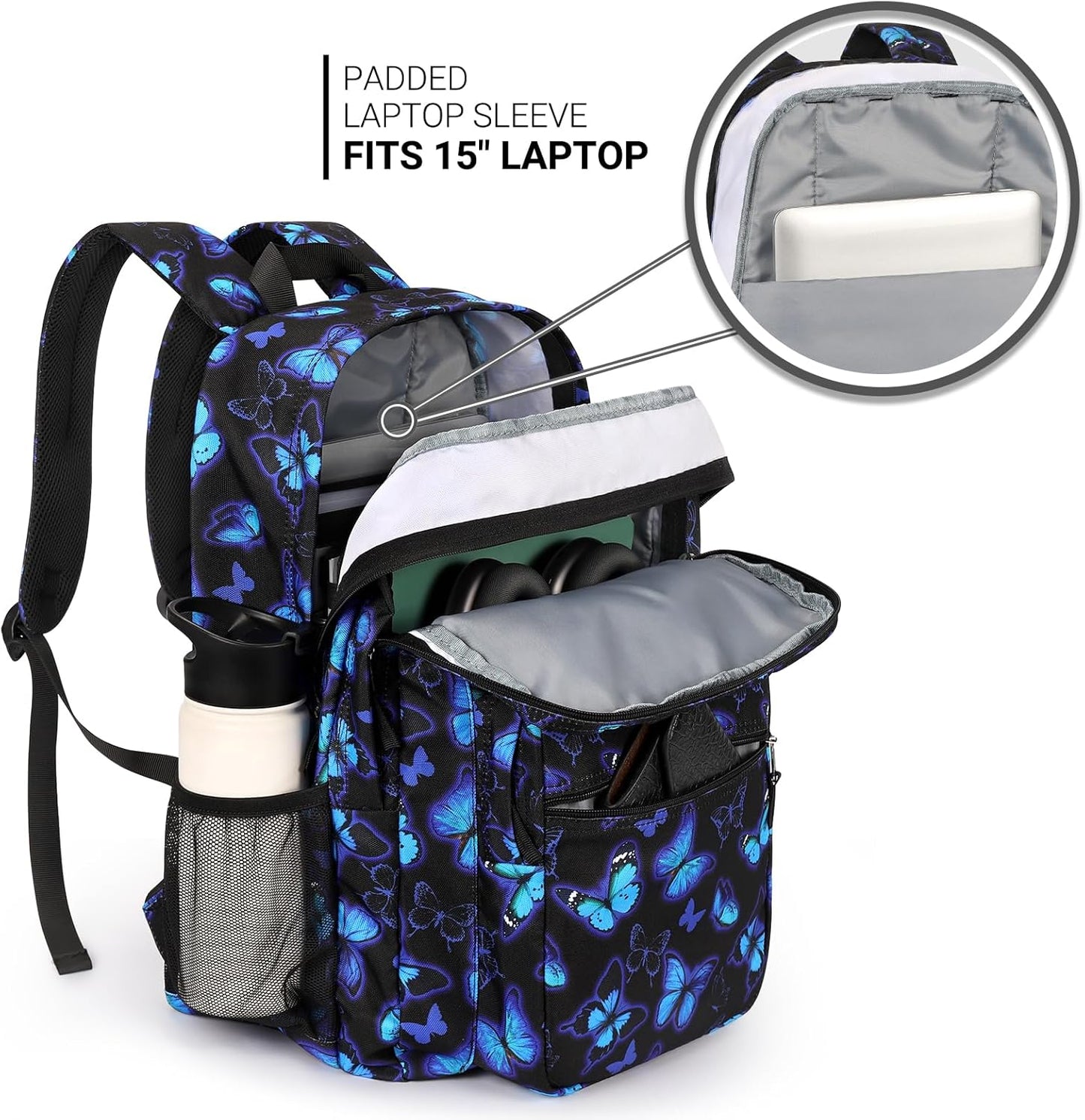 26L Backpack for School, College, and Travel: Water Resistant Bookbag with 8 Compartments - Butterfly Black