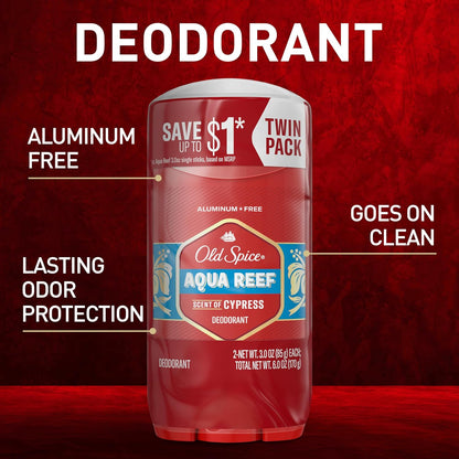 Old Spice Aluminum Free Deodorant for Men, 24/7 Odor Protection, 24/7 Freshness & Lasting Scent - Aqua Reef (Pack of 2)
