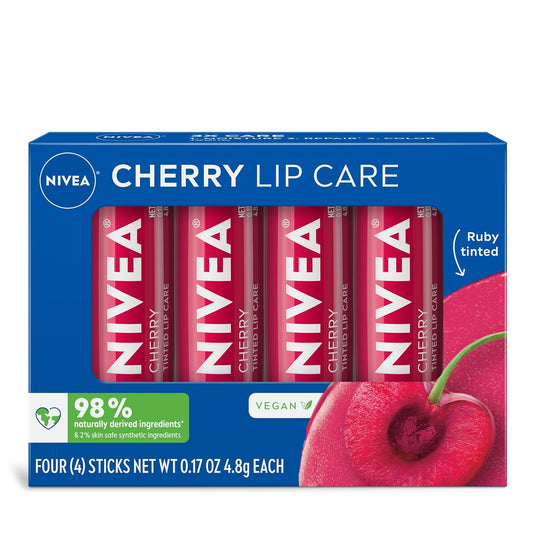 NIVEA Cherry Lip Care, Getinte Lipbalsem Pakkie met Shea Botter, Voedende Olies en Vitamien C & E, 3-in-1 Vog, Herstel en Kleur, 0.17 Oz Stokkie, Pakkie van 4