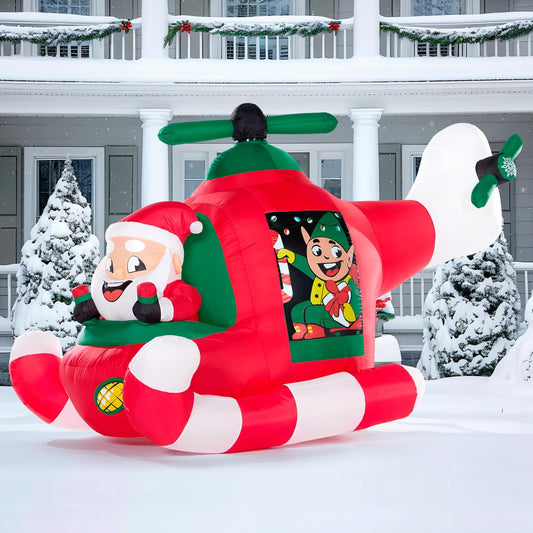 (7FT) Long Christmas Inflatable Santa Elf on Animated Helicopter, Blow Up Santa Inflatable on Flying Airplane with Rotating Propeller Decor