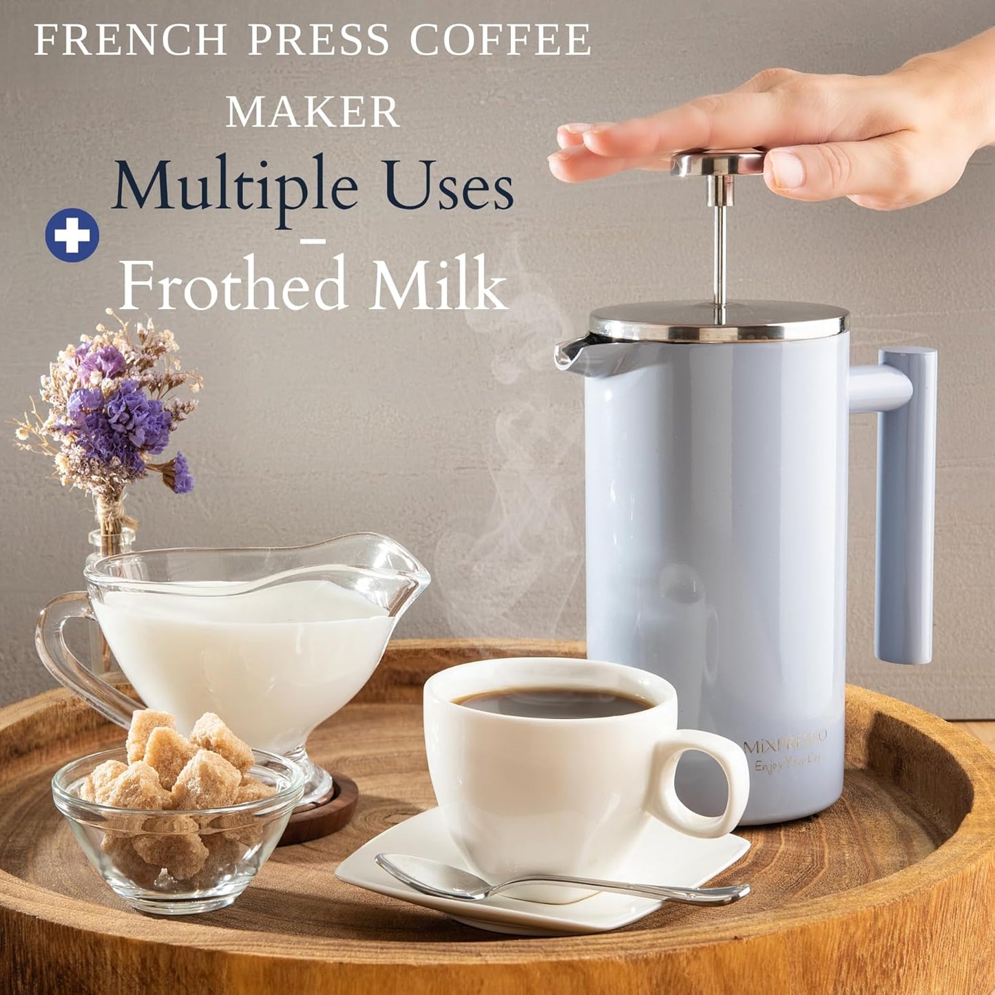 Mixpresso Ligblou Vlekvrye Staal Franse Pers Koffiemaker 26 Oz 770 ml, Dubbelwand-geïsoleerde Franse Pers Vlekvrye Staal, Maklik Skoon Teebrouer, Maklike Druk Duursame Metaalkoffiepers