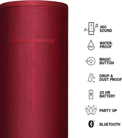 Ultimate Ears Megaboom 3 Portable Wireless Bluetooth Speaker (Powerful Sound + Thundering Bass, Bluetooth, Magic Button, Waterproof, Battery 20 Hours) - Sunset Red