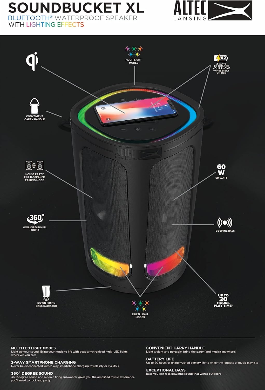 Altec Lansing Soundbucket XL - Waterdigte Bluetooth-luidspreker met aanpasbare LED-ligte, Qi-draadlose laai, 20 uur speeltyd en 30 meter reikafstand Besoek die Altec Lansing-winkel