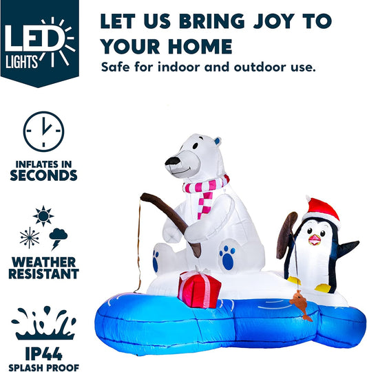 (6FT) Long Christmas Inflatable Polar Bear Fishing w/ Penguin Decoration, Blow Up w/ Built-in LEDs