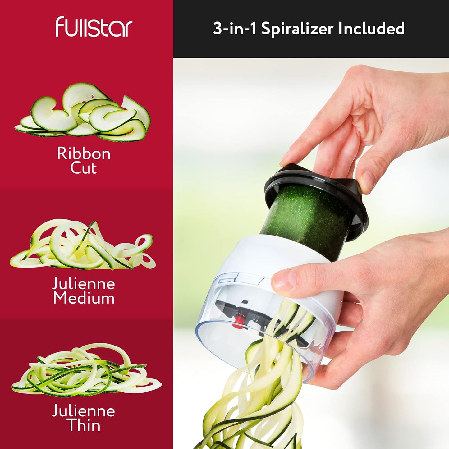 Fullstar Alles-in-1 Groentesnyer en Mandolien vir Kombuis - Kaasrasper, Franse Frietjie-Snyer, Kaassnyer - Bonus Handheld Spiraalsnyer Ingesluit (6-in-1, Swart/Wit)