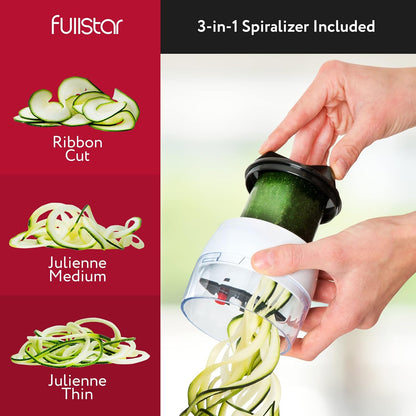 Fullstar Alles-in-1 Groentesnyer en Mandolien vir Kombuis - Kaasrasper, Franse Frietjie-Snyer, Kaassnyer - Bonus Handheld Spiraalsnyer Ingesluit (6-in-1, Swart/Wit)