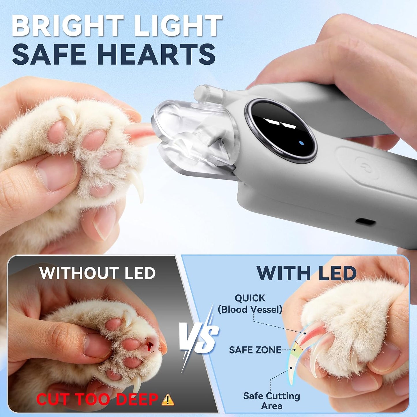 2-in-1 Stil Elektriese Troeteldier Naelskêr/Slyper met Lig vir Honde Katte Dubbele LED-ligte, 3-spoed slyper, Spatweerkaatser vir naelknip, Tipe-C Herlaaibaar - (Grys)