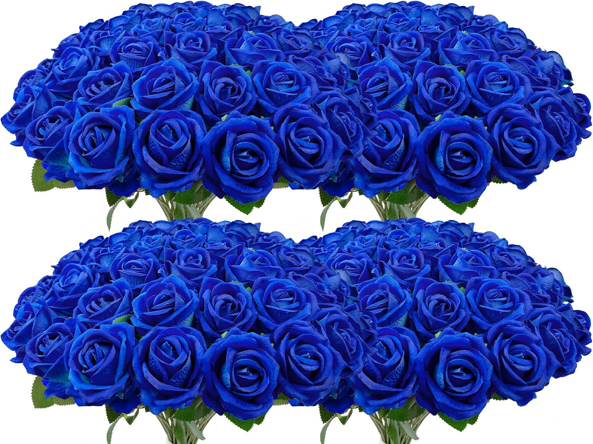 100 PCS Bulk Royal Blue Artificial Flowers, Fake Velvet Blue Roses W/ Stems