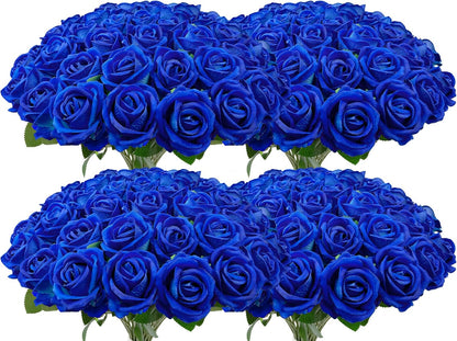 100 PCS Bulk Royal Blue Artificial Flowers, Fake Velvet Blue Roses W/ Stems
