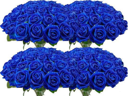 (100 PCS) Bulk Royal Blue Artificial Flowers - Fake Velvet Blue Roses with Stems