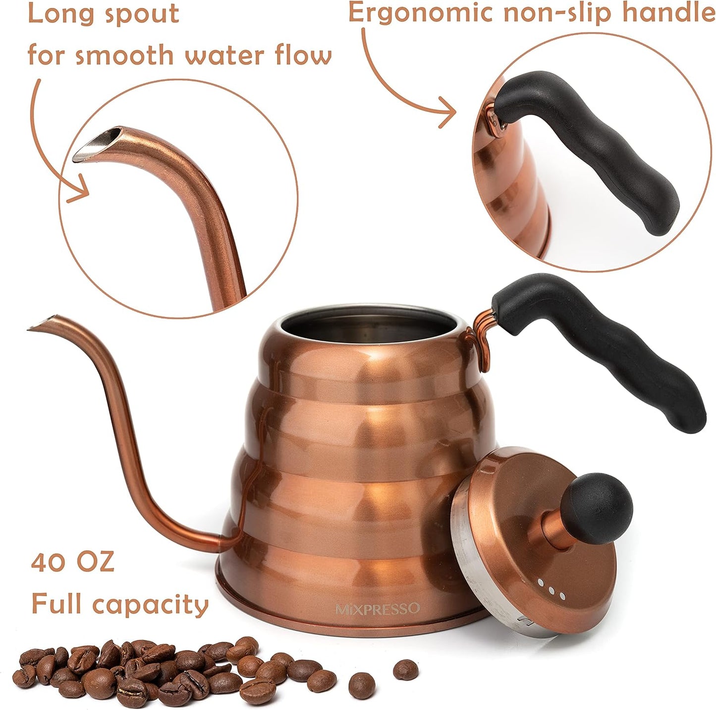 Mixpresso Ganswashals-opgietkoffieketel, Barista-opgietbeheerontwerp vir Koffie en Tee Hoëgraadse vlekvrye staal 1.2 liter (40 Oz) drupkoffie-induksieplaat, koperstoofketel