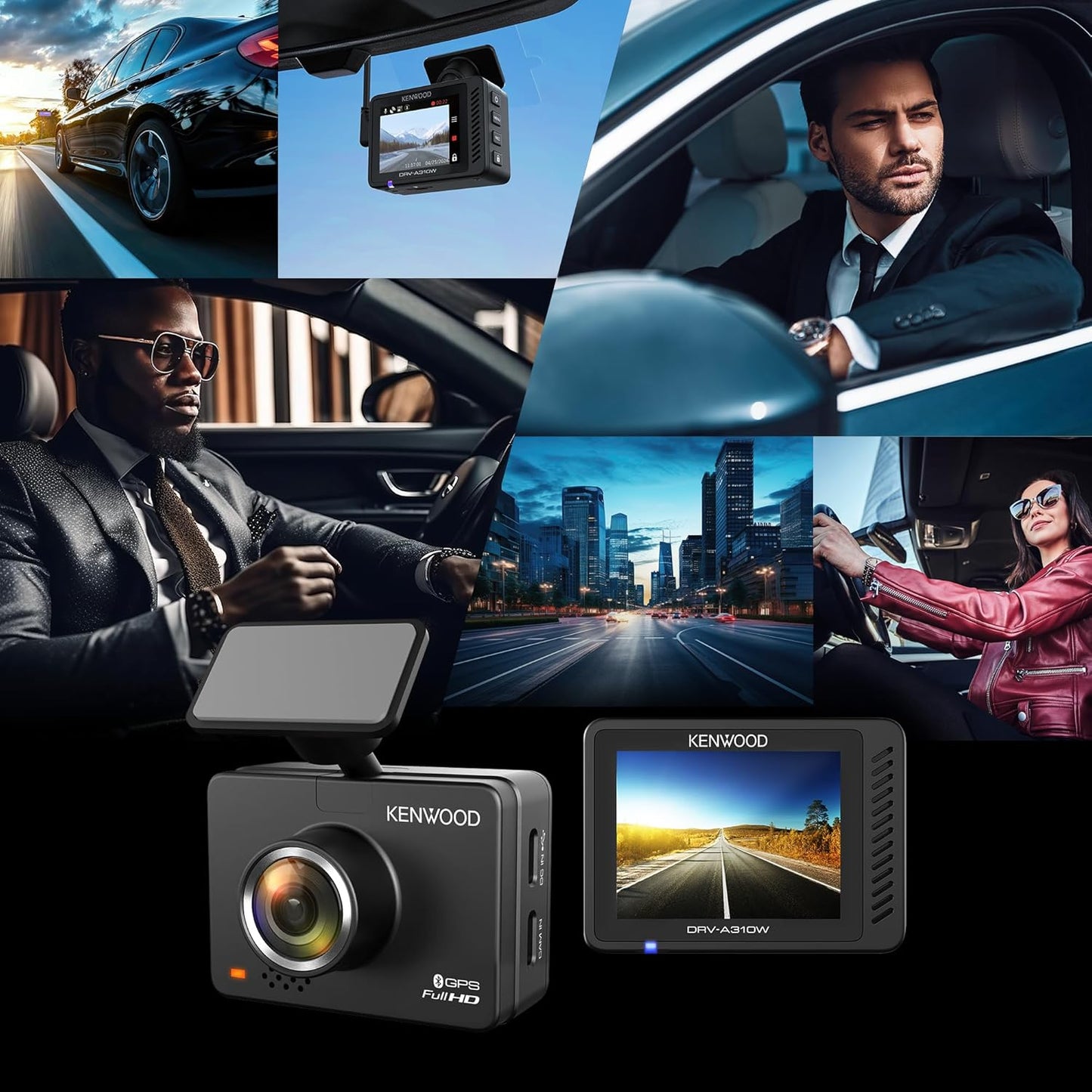 KENWOOD DRV-A310W GPS-paneelkamera, Volle HD-paneelkamera, WDR/HDR-motorkamera met Bluetooth- & Wi-Fi-verbinding, G-sensor, botsingsopsporing, opsionele agterkamera-ondersteuning