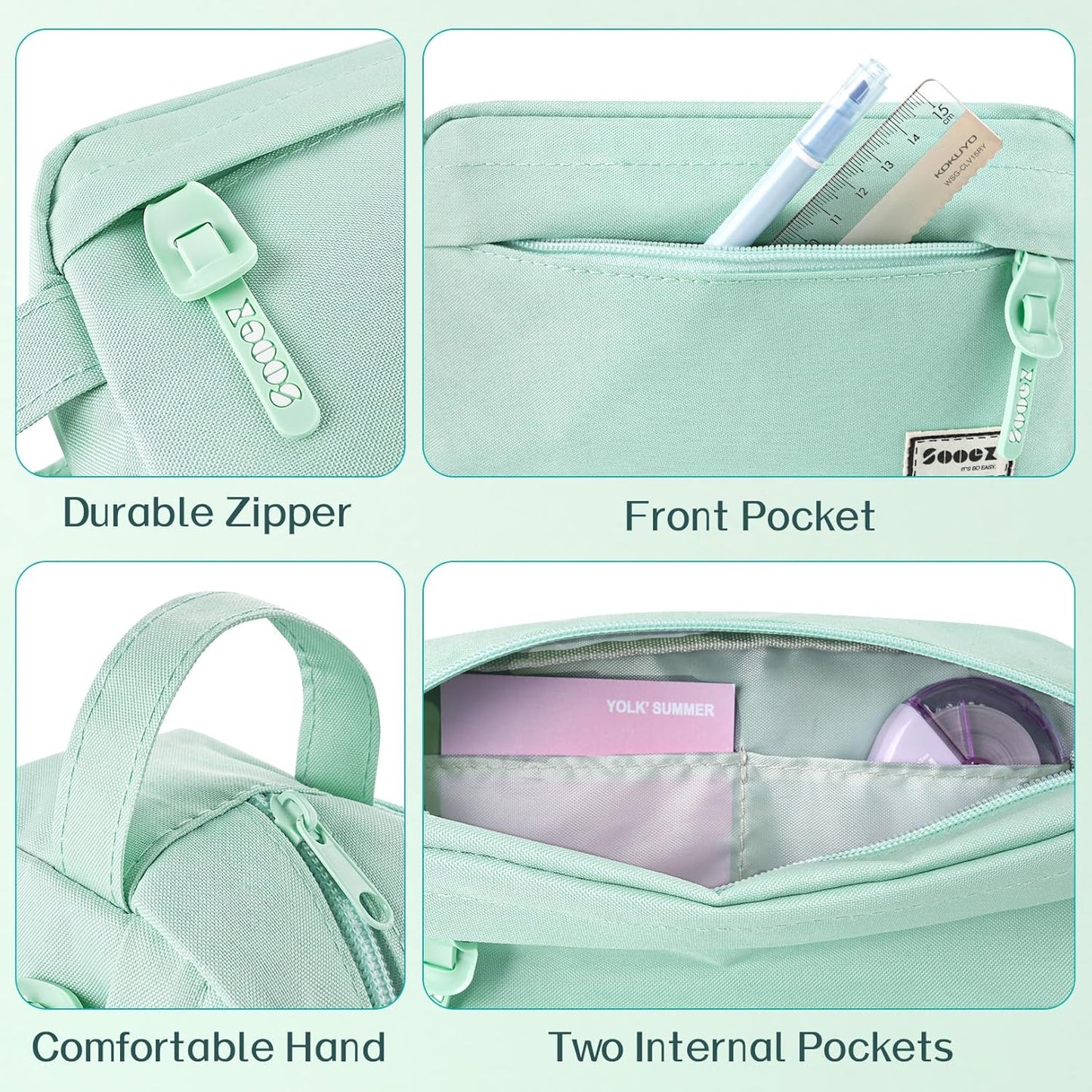 Original High Capacity Pencil Case, Big Pencil Bag Pouch Box Organizer Pen Case, Portable Journaling Supplies with Easy Grip Handle & Loop, Aesthetic Supply for Girls Adults, Mint Green
