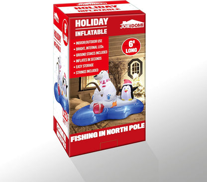 (6FT) Long Christmas Inflatable Polar Bear Fishing w/ Penguin Decoration, Blow Up w/ Built-in LEDs