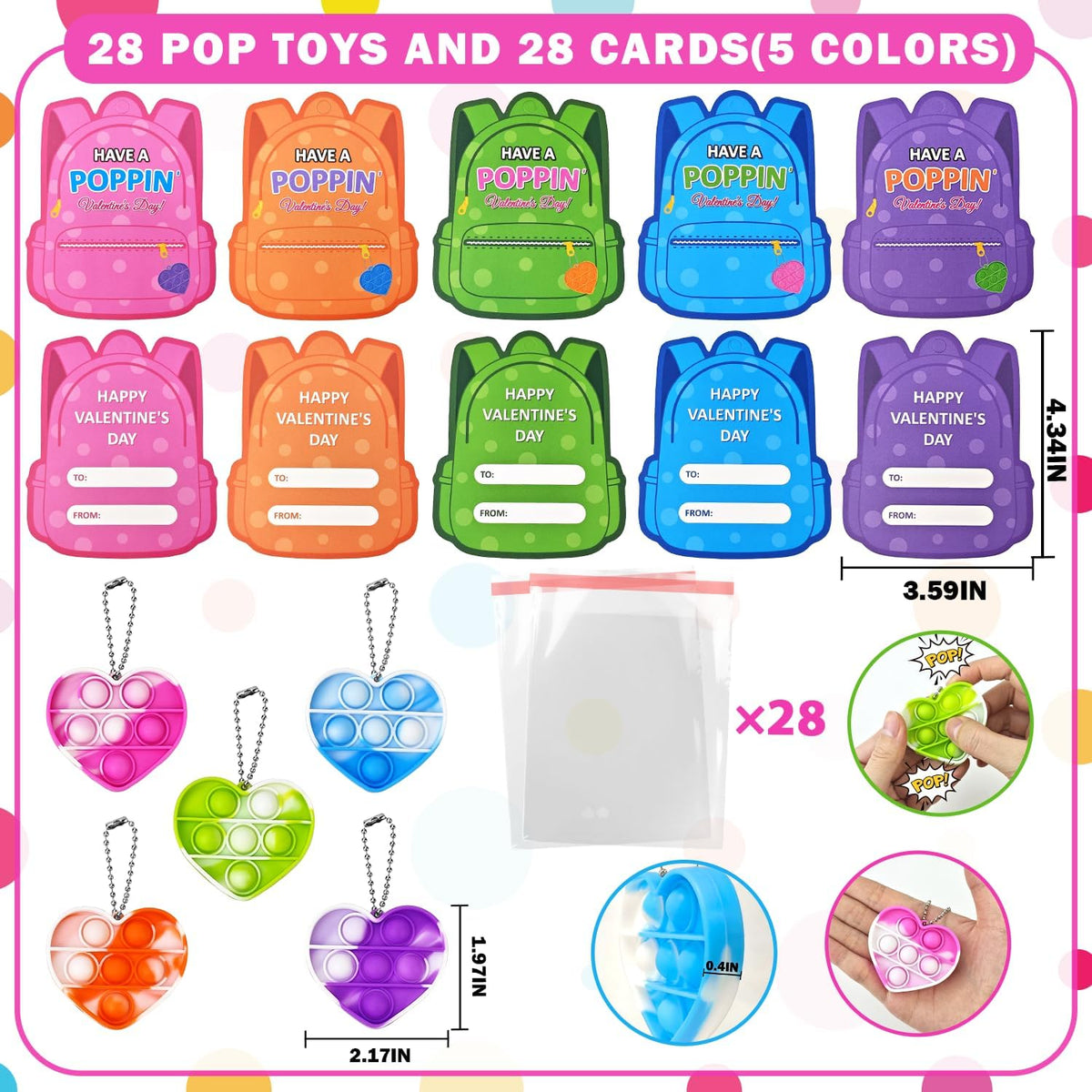 Valentines Day Gifts Cards for Kids Classroom 28 Pack,Mini Pop Keychain Fidget Toy with Class Exchange Cards for Toddlers Preschool,Non Candy Treats Valentines School Party Favors Prizes for Boy Girl