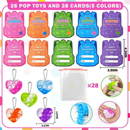 Valentines Day Gifts Cards for Kids Classroom 28 Pack,Mini Pop Keychain Fidget Toy with Class Exchange Cards for Toddlers Preschool,Non Candy Treats Valentines School Party Favors Prizes for Boy Girl