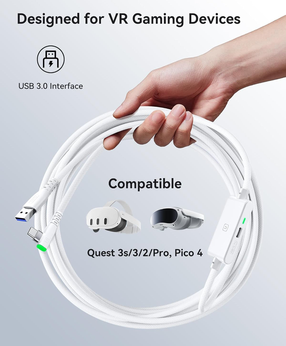 INIU 16ft Premium VR Link Cable with Charging, USB 3.0 Compatible with Meta Quest 3s, Oculus Quest 3/2/Pro, Pico 4, PC VR & Steam VR - Perfect White VR Accessory, Ideal Gift Choice
