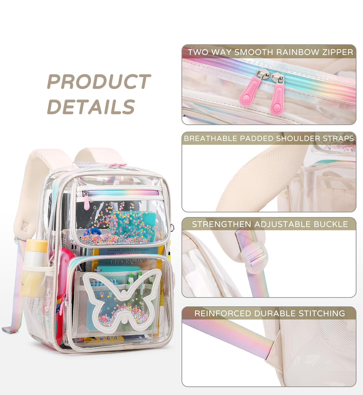 Clear Backpack for Girls Women Transparent Kids Elementary College School Bag Travel Laptop Backpacks Large Bookbags (Beige)