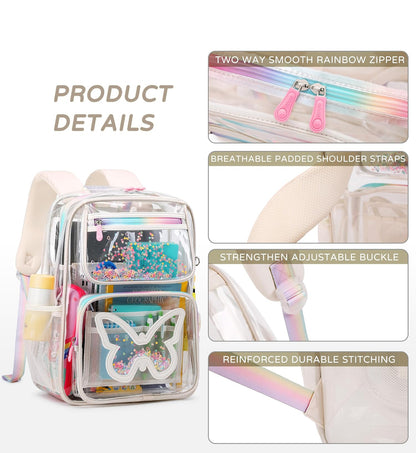 Clear Backpack for Girls Women Transparent Kids Elementary College School Bag Travel Laptop Backpacks Large Bookbags (Beige)