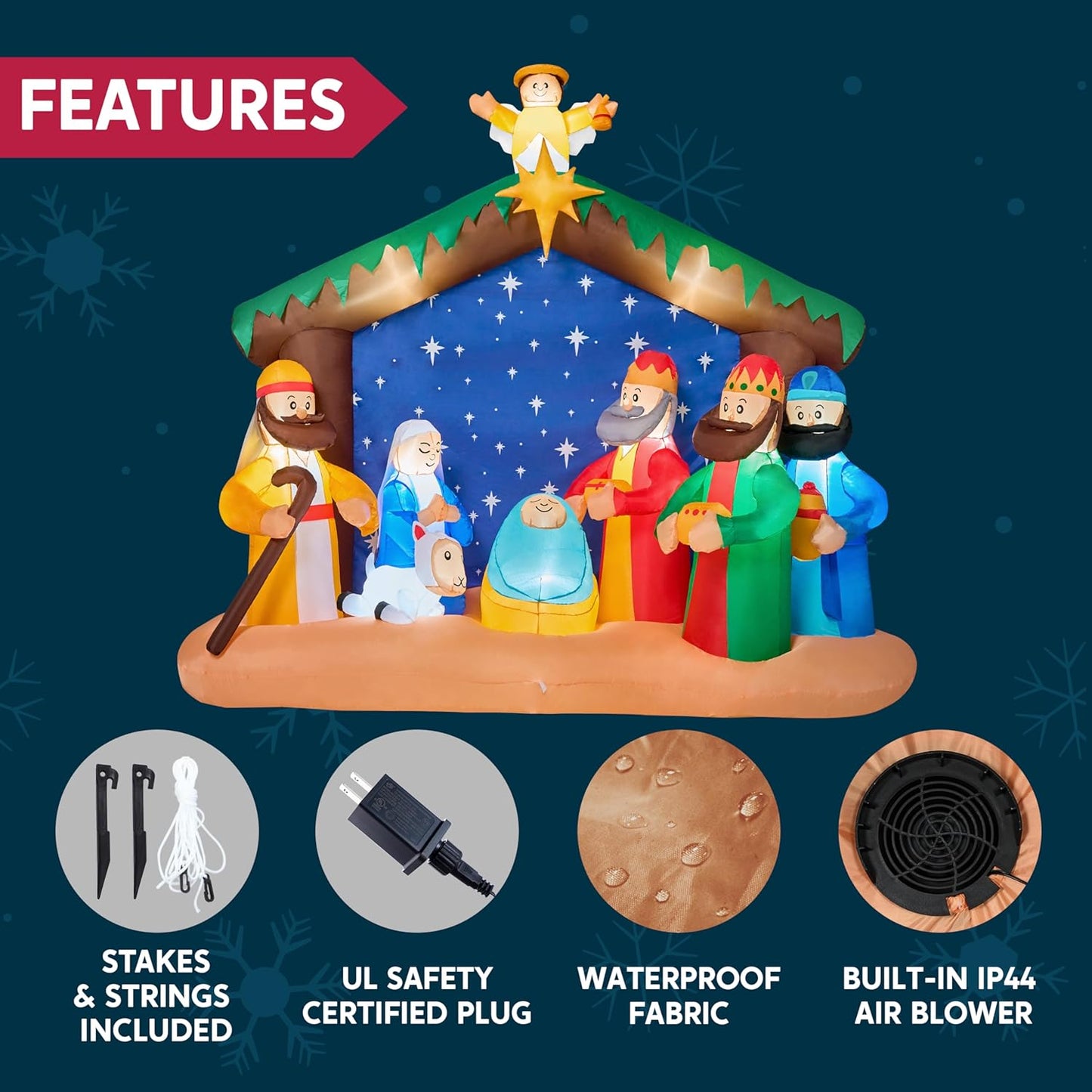 Joiedomi Kersfees Opblaas Nativity Toneel, Kersfees Opblaas Nativity Stel met Ingeboude LED's vir Kersfees Partytjie Werf Buiten Binnenshuise Tuin Grasperk Dekor