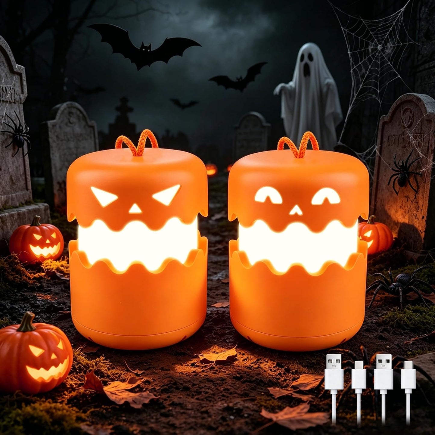 LED Halloween Pumpkin Lantern 2 Pack，Jack O Lantern with Lanyard