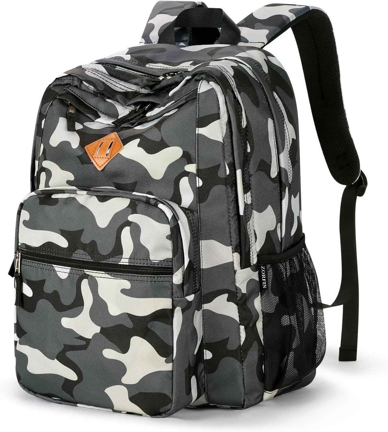26L Backpack for School, College, and Travel: Water Resistant Bookbag with 8 Compartments - Camo Black