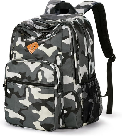 26L Backpack for School, College, and Travel: Water Resistant Bookbag with 8 Compartments - Camo Black