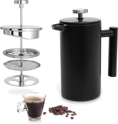 Mixpresso Swart Vlekvrye Staal Franse Pers Koffiemaker 770 ml, Dubbelwand Geïsoleerde Franse Pers Vlekvrye Staal, Maklik Skoon Teebrouer, Maklik Drukbare Duursame Metaal Koffiepers